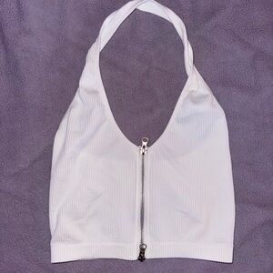 White Halter Zip-Up Top
